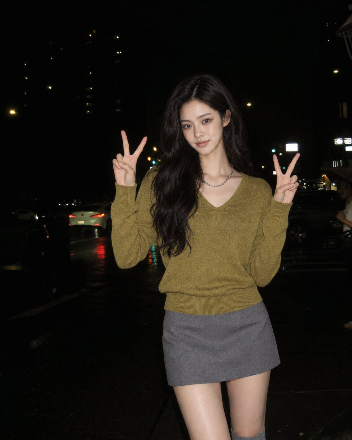 올리브 니트와 그레이 스커트를 매치한 ANAHANA 야간 에디토리얼