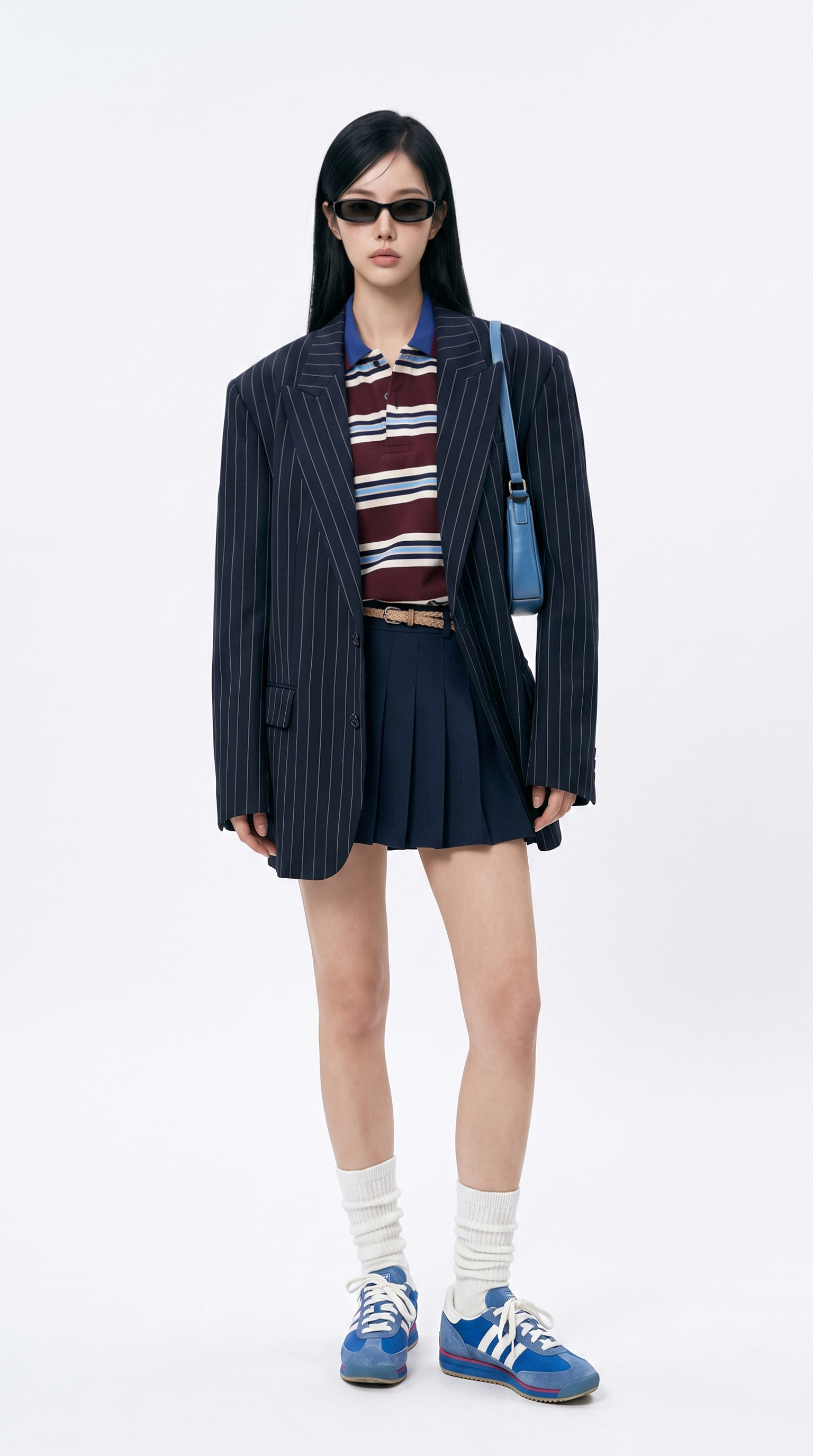 네이비 핀스트라이프 재킷과 플리츠 스커트, 블루 스니커즈를 매치한 전신 스튜디오컷